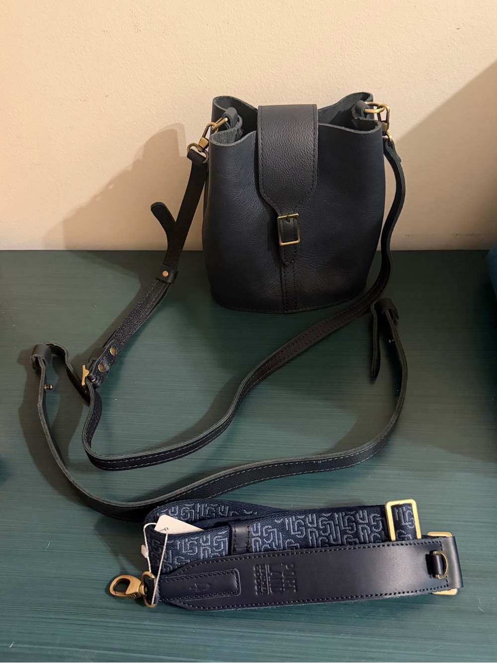 Portland Leather Night Owl Navy/Black Bucket Crossbody with Strap Option